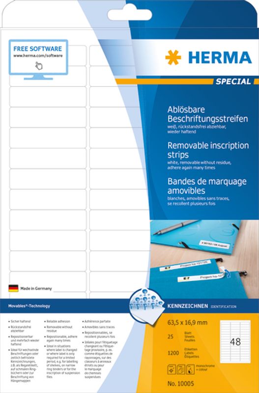 MOVABLES avtagbare etiketter, 25 ark, 63.5x16.9 (1200 stk)