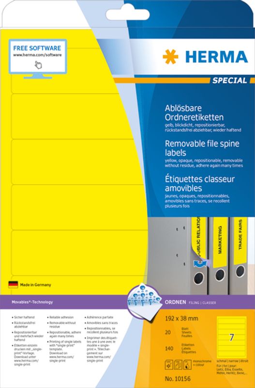MOVABLES avtagbare ryggetiketter, gul 20 ark 192x38 (140 stk)