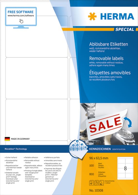 MOVABLES avtagbare etiketter A4 100 ark 96x63.5 (800 stk)