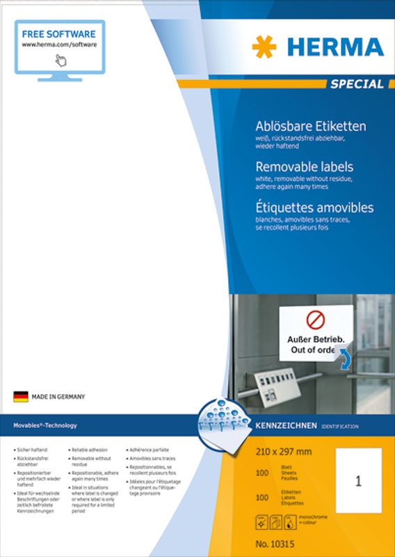 MOVABLES avtagbare etiketter, A4, 100 ark, 210x297 (100 stk)
