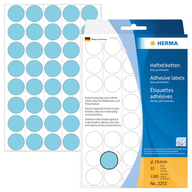 Hovedbilde HERMA runde etiketter, Ø19 mm, blå (1280 stk)