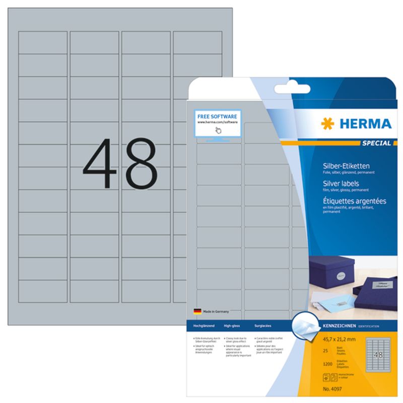 SPECIAL sølv etiketter glossy, 25 ark, 45.7x21.2 mm (1200 stk)