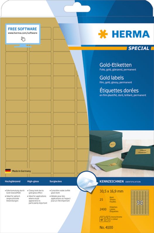 SPECIAL gull etiketter glossy, 25 ark, 30,5x16,9 mm (2400 stk)