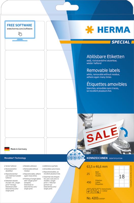 SPECIAL avtagbare etiketter, 25 ark 63.5x46.6 (450 stk)