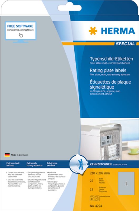 SPECIAL etiketter sølvfolie, 25 ark, A4, 210x297 mm (25 stk)