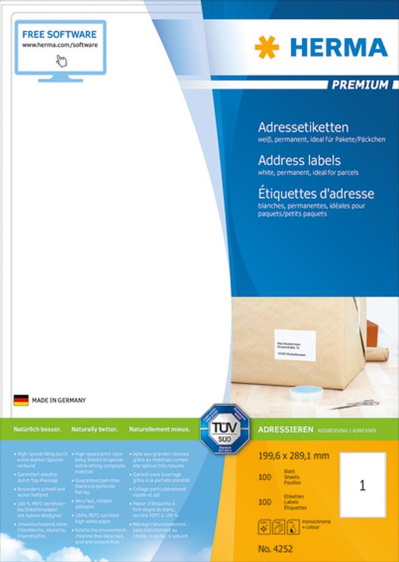 PREMIUM adresseetiketter A4, 100 ark, 199.6x289.1 100 stk