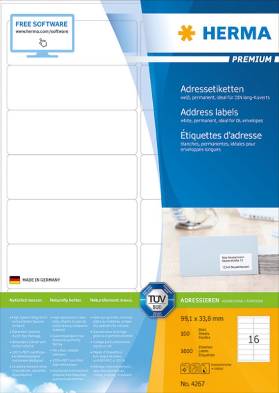 PREMIUM adresseetiketter 100 ark 99.1x33.8 (1600 stk)