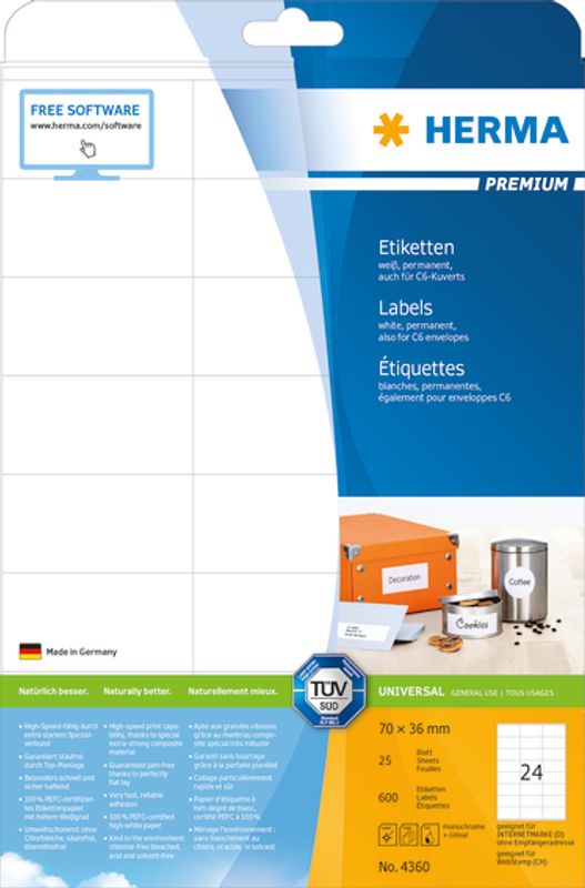 PREMIUM universaletiketter, 25 ark 70x36 (600 stk)