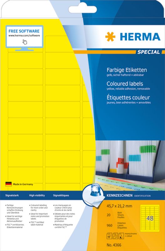 SPECIAL fargede etiketter 20 ark, 45.7x21.2 gul 960 stk