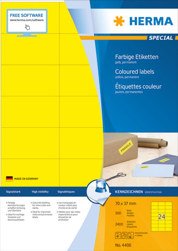 SPECIAL fargede etiketter 100 ark, 70x37 gul (2400 stk)