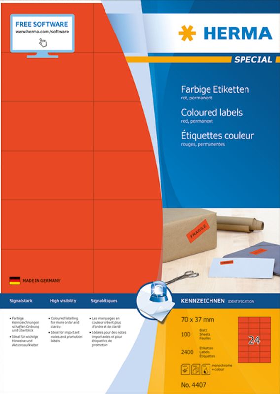 SPECIAL fargede etiketter 100 ark, 70x37 rød (2400 stk)