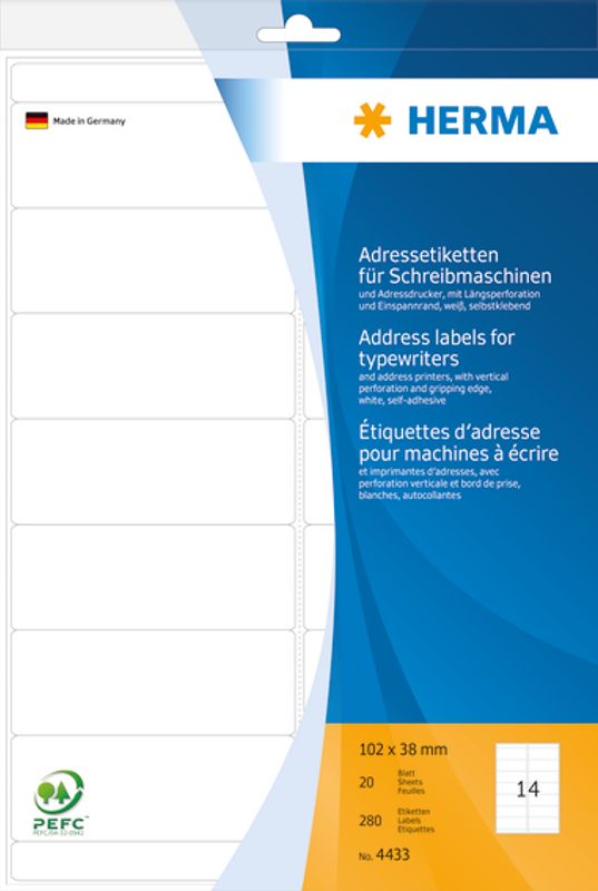 Adresseetiketter, perforert 20ark, A4, 102x38 (280 stk)