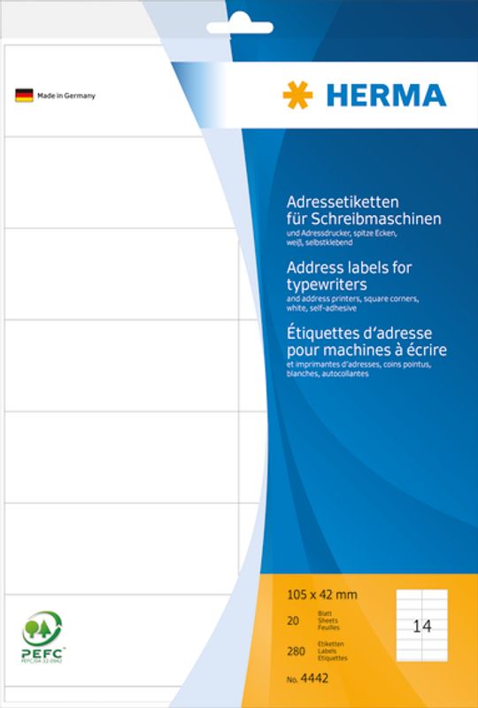 Adresseetiketter spisse kanter 20 ark, A4 105x42 (280 stk)