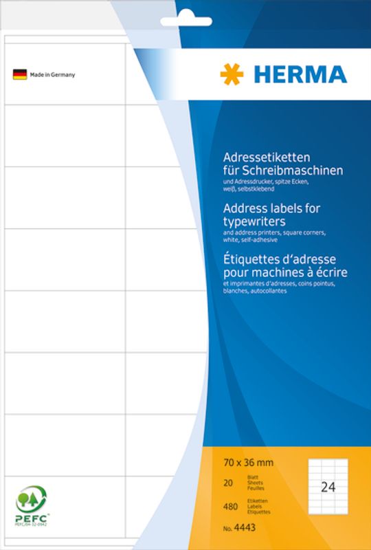 Adresseetiketter spisse kanter 20 ark, A4 70x36 (480 stk)
