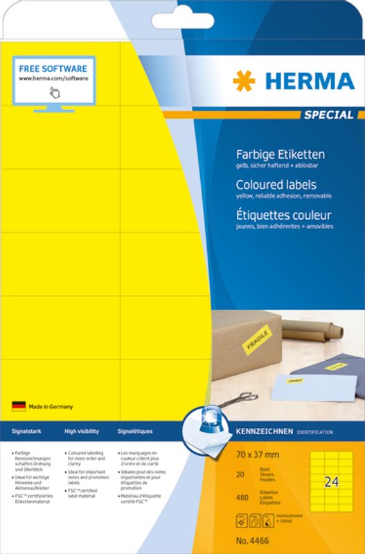 SPECIAL fargede etiketter 20 ark, 70x37 gul (480 stk)
