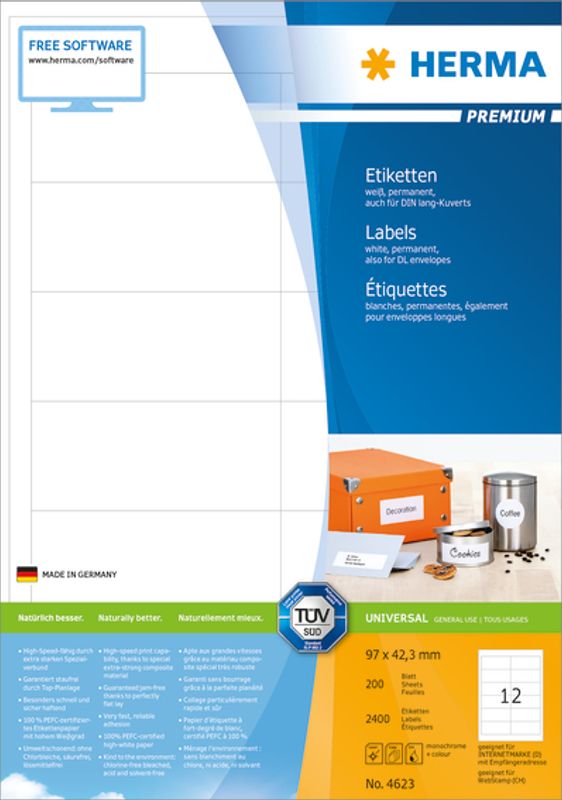 PREMIUM universaletiketter, 200ark 96.5x42.3 (2400 stk)