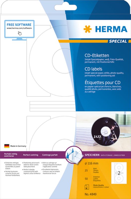 SPECIAL CD-label, fotokvalitet, 25 ark Ø116 (50 stk)