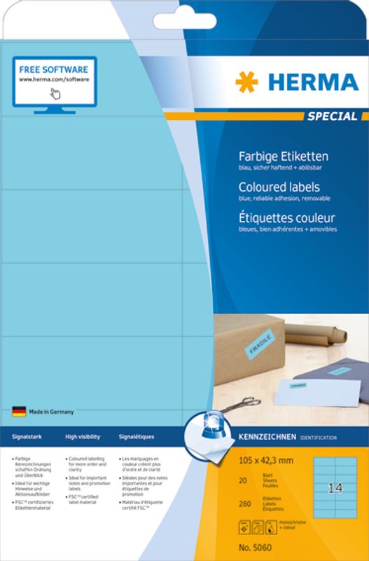 SPECIAL fargede etiketter, 20 ark, 105x42.3 blå (280 stk)