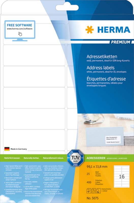 PREMIUM adresseetiketter, 25 ark 99.1x33.8 (400 stk)