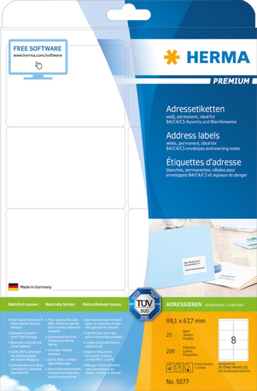 PREMIUM adresseetiketter, 25 ark 99.1x67.7 (200 stk)