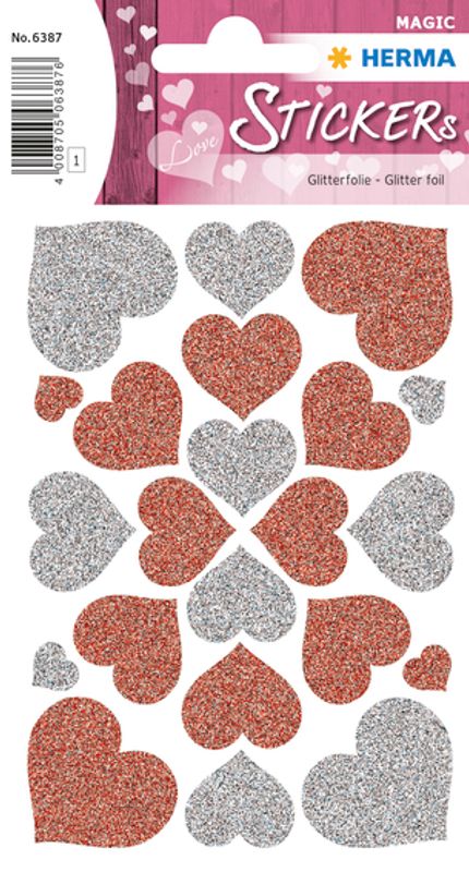 MAGIC Stickers Hjerter rød og sølv med glitter, 1 ark (10 pakk)