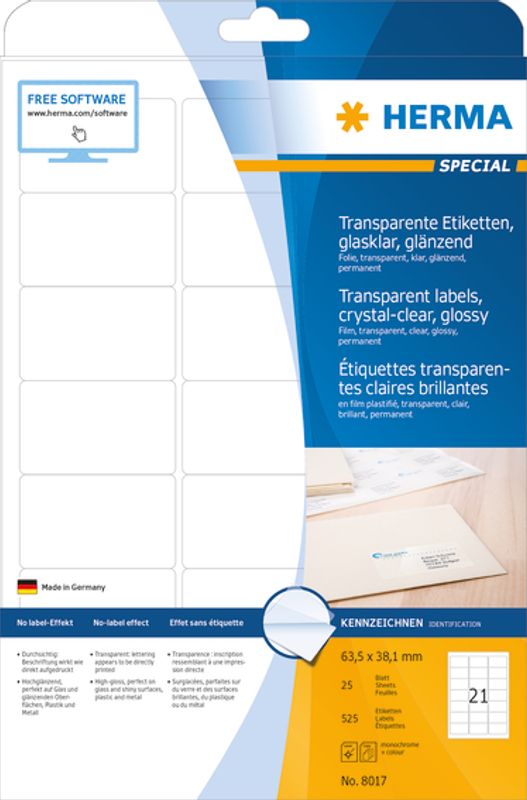 SPECIAL glassklare etiketter 25 ark 63.5x38.1 (525 stk)