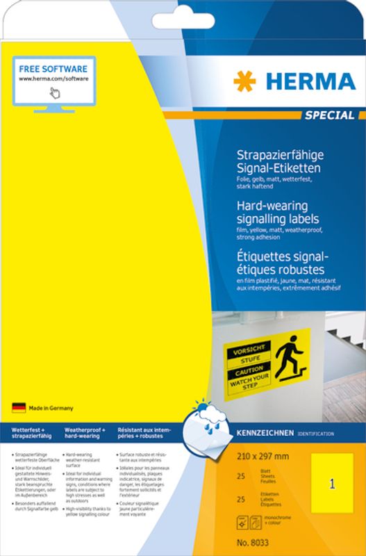 SPECIAL slitesterke etiketter, gul, 25 ark 210x297 (25 stk)