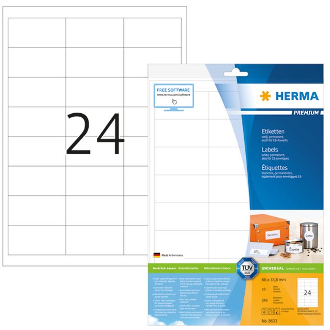 Hovedbilde PREMIUM universaletiketter, papir, 10 ark 66x33.8 ...