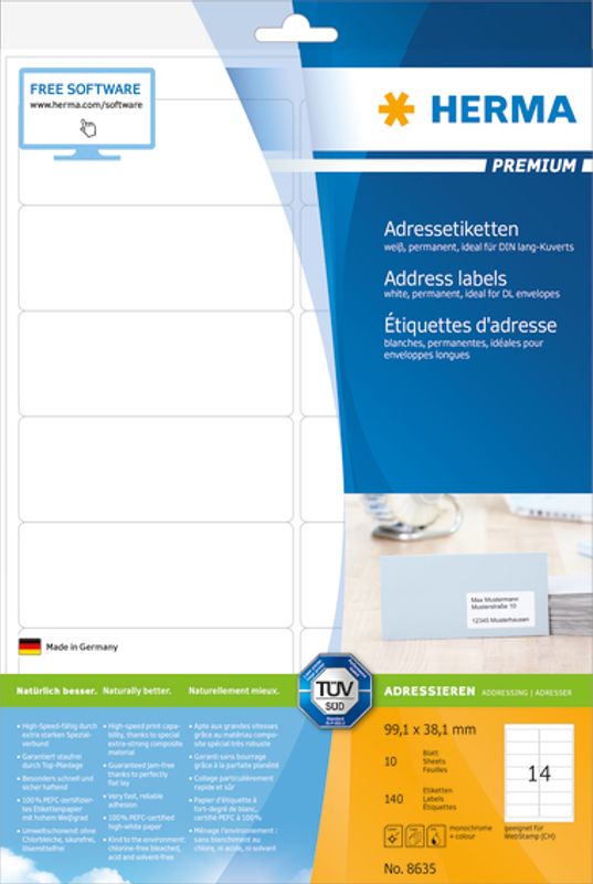 PREMIUM adresseetiketter, papir, 10 ark 99.1x38.1 (140 stk)