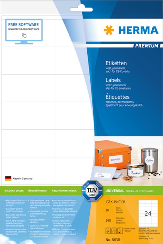 PREMIUM universaletiketter, papir, 10 ark 70x36 (240 stk)