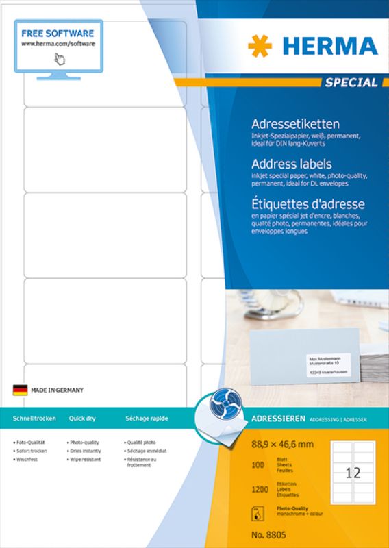 InkPrint fotokvalitet etiketter 100 ark 88.9x46.6 (1200 stk)